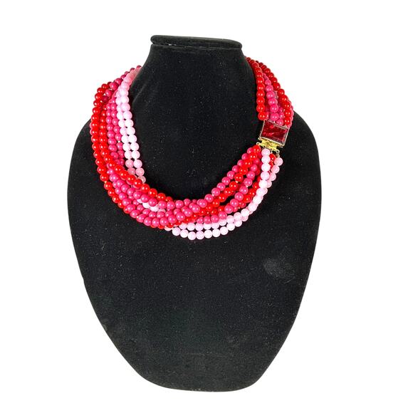 Hattie Carnegie Vintage Pink Red Glass Bead Statement Necklace 1950s Signed - Picture 2 of 8